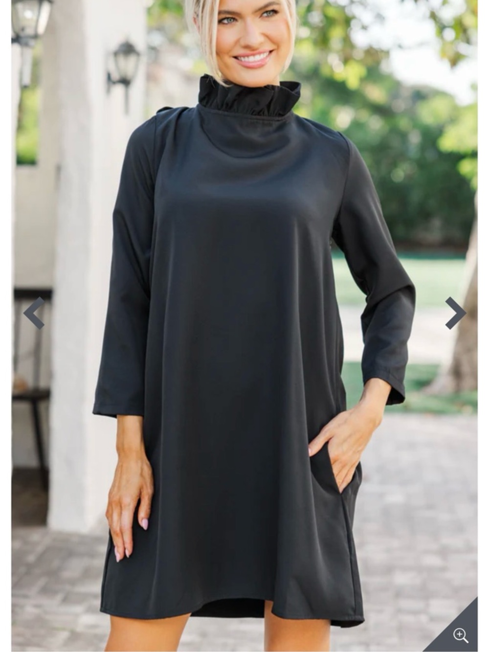 Ruffled Mock Neck Long Sleeve Black Dress